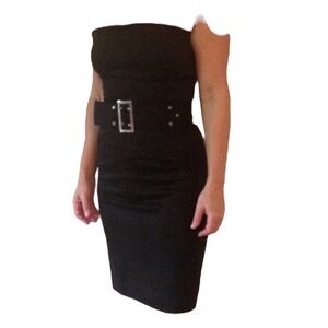 Sophisticated black strapless belted sheath dress.